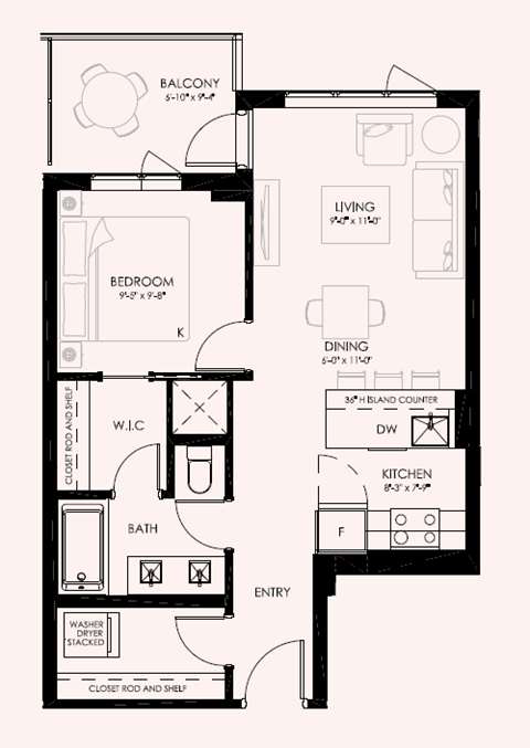 Floor plan for 1 bed, 1 bath, 591 sqft